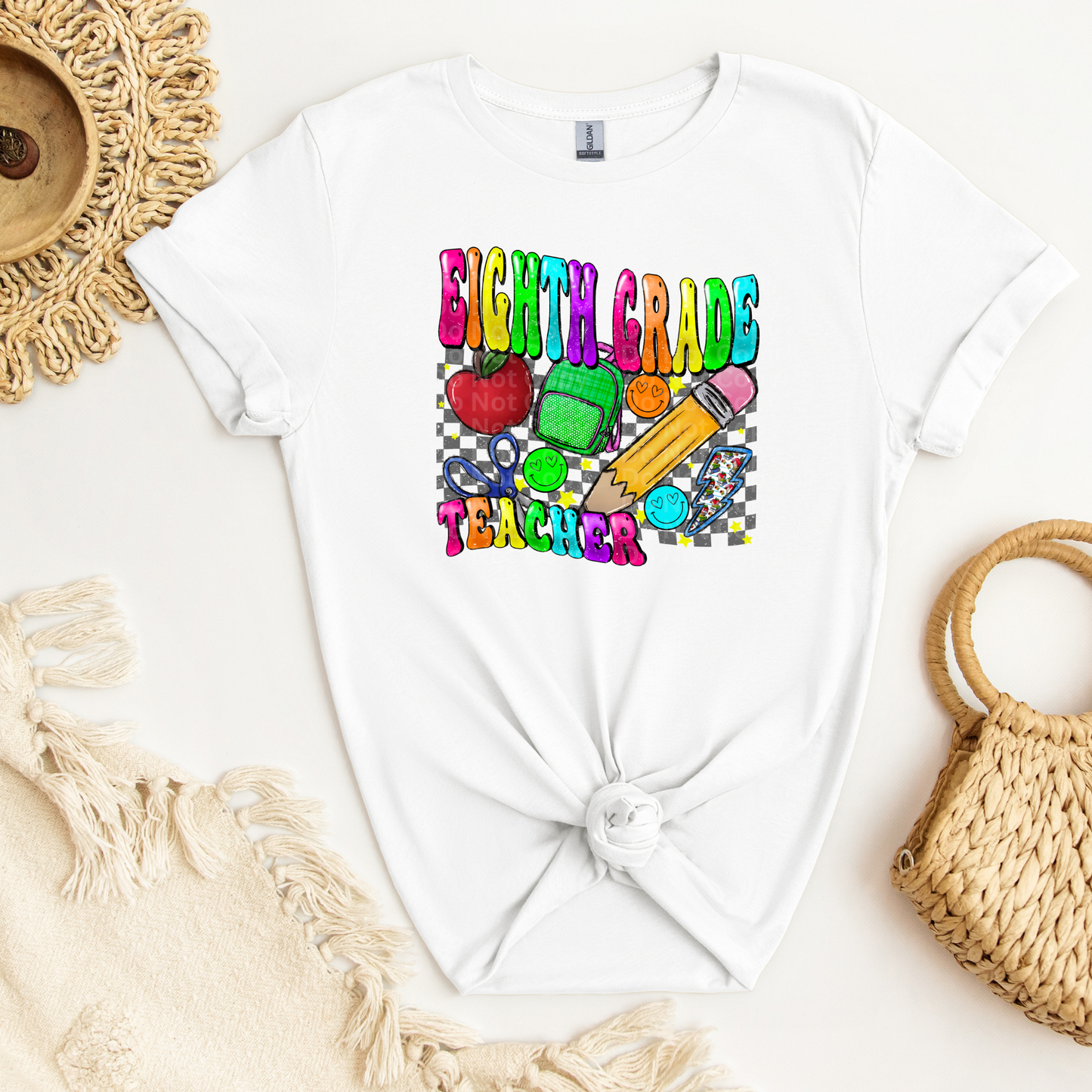 Eighth Grade Teacher Multicolor Font/Grey Checkered DTF Transfer
