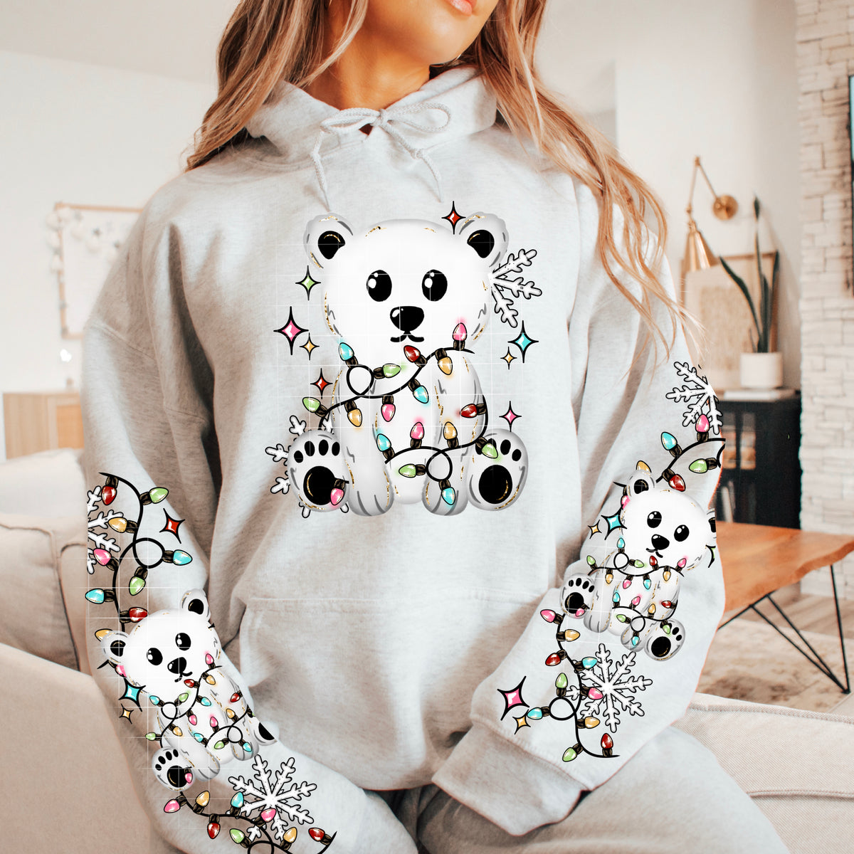 Polar Bear Wrapped in Lights *Optional long sleeve design* DTF Transfer