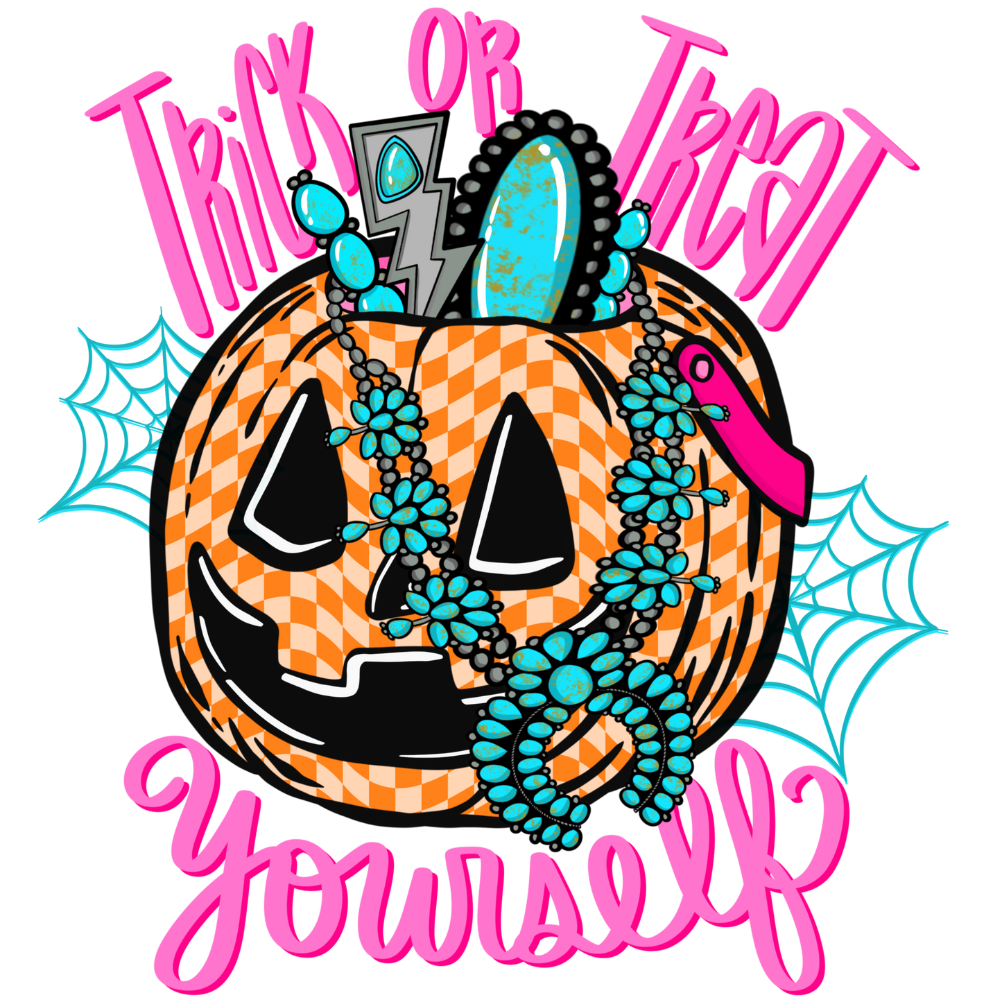 Trick or Treat yourself Conch Pumpkin Pink words DTF Transfer