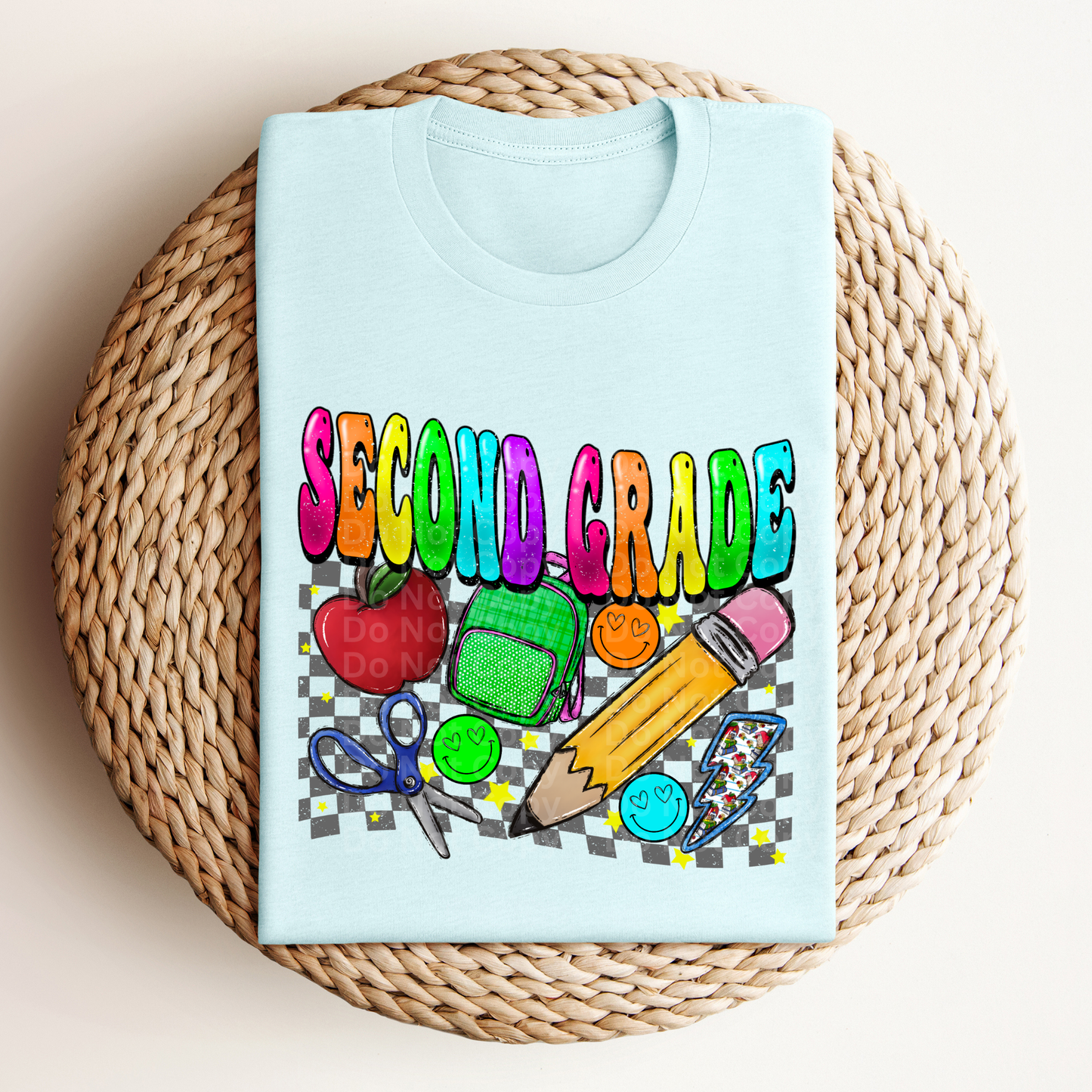 Second Grade Multicolor Font/Grey Checkered DTF Transfer