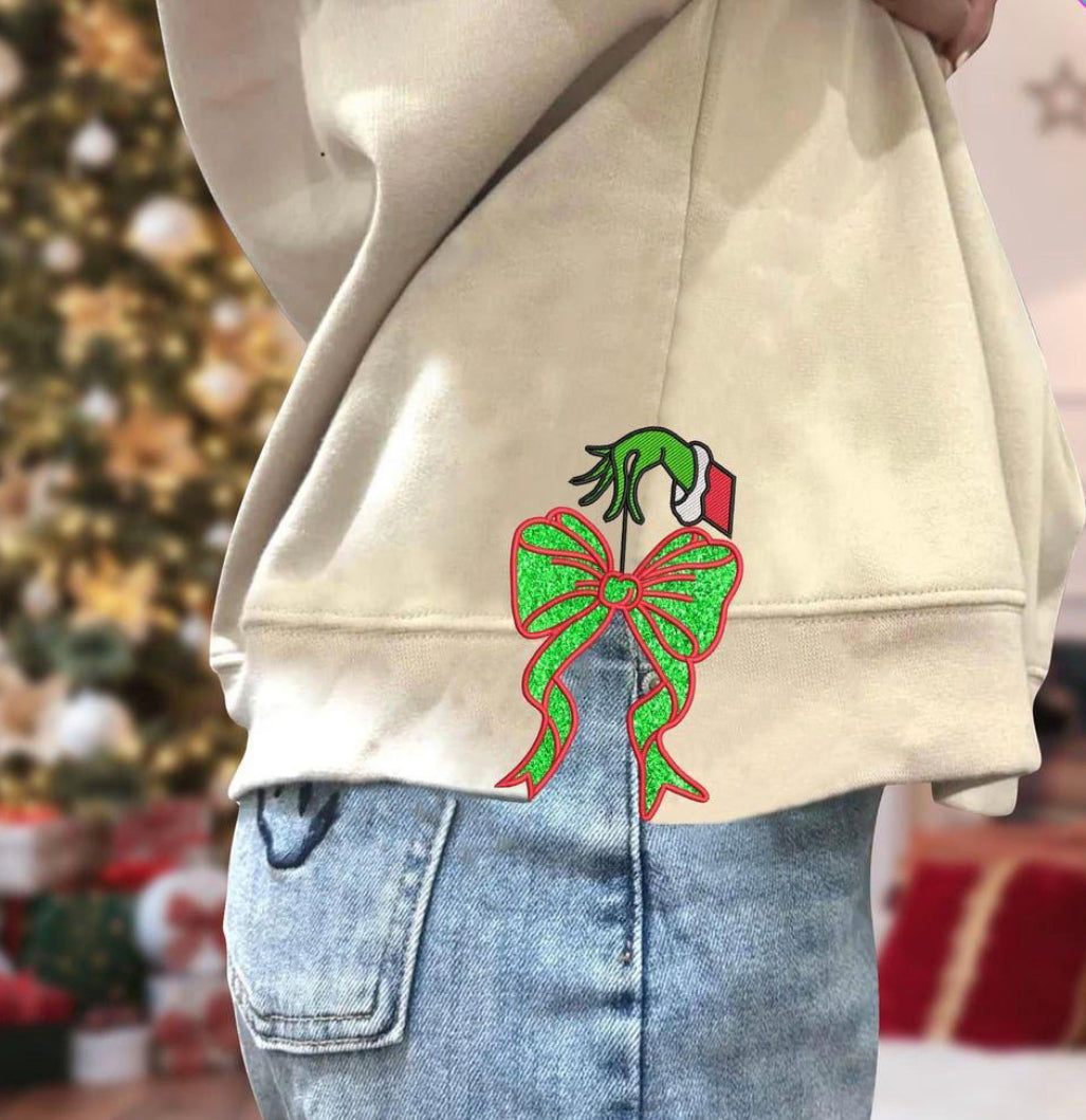 Green Hand with faux Glitter & embroidery bow Side Slit DTF Transfer