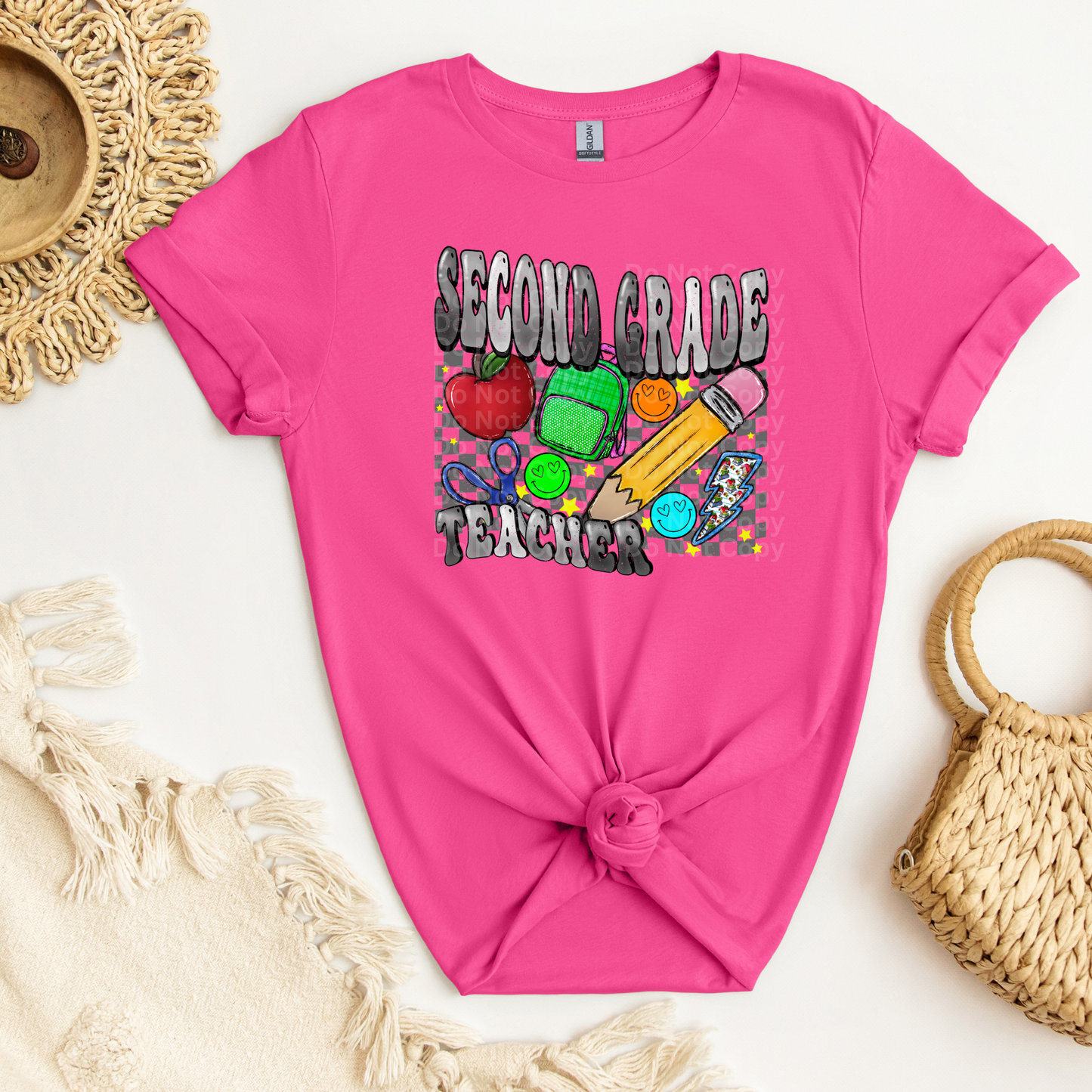 Second Grade Teacher Grey Font/Grey Checkered DTF Transfer