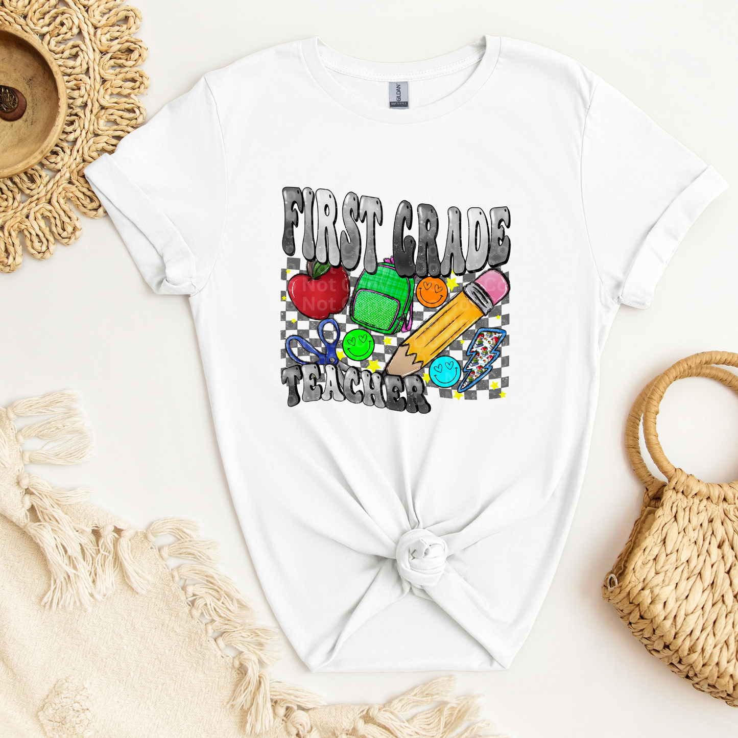 First Grade Teacher Grey Font/Grey Checkered DTF Transfer
