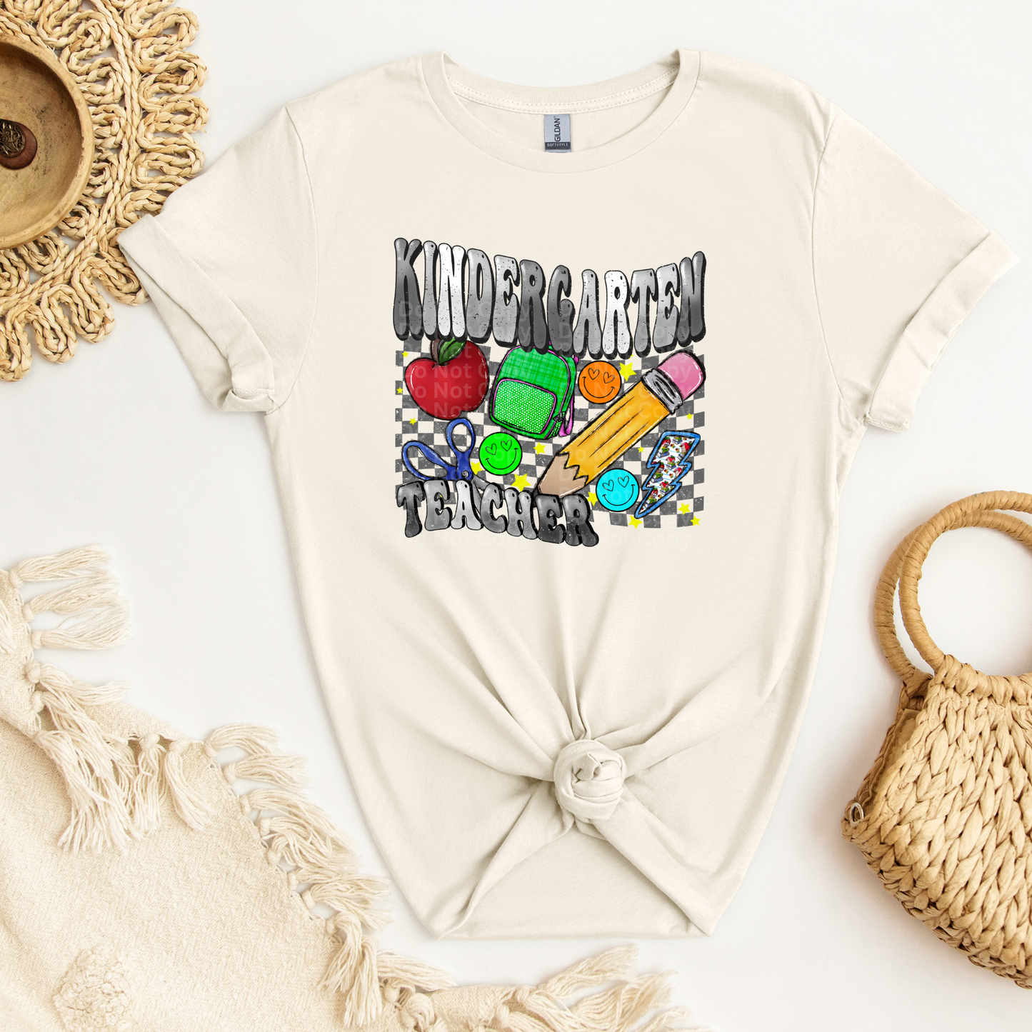 Kindergarten Teacher Grey Font/Grey Checkered DTF Transfer