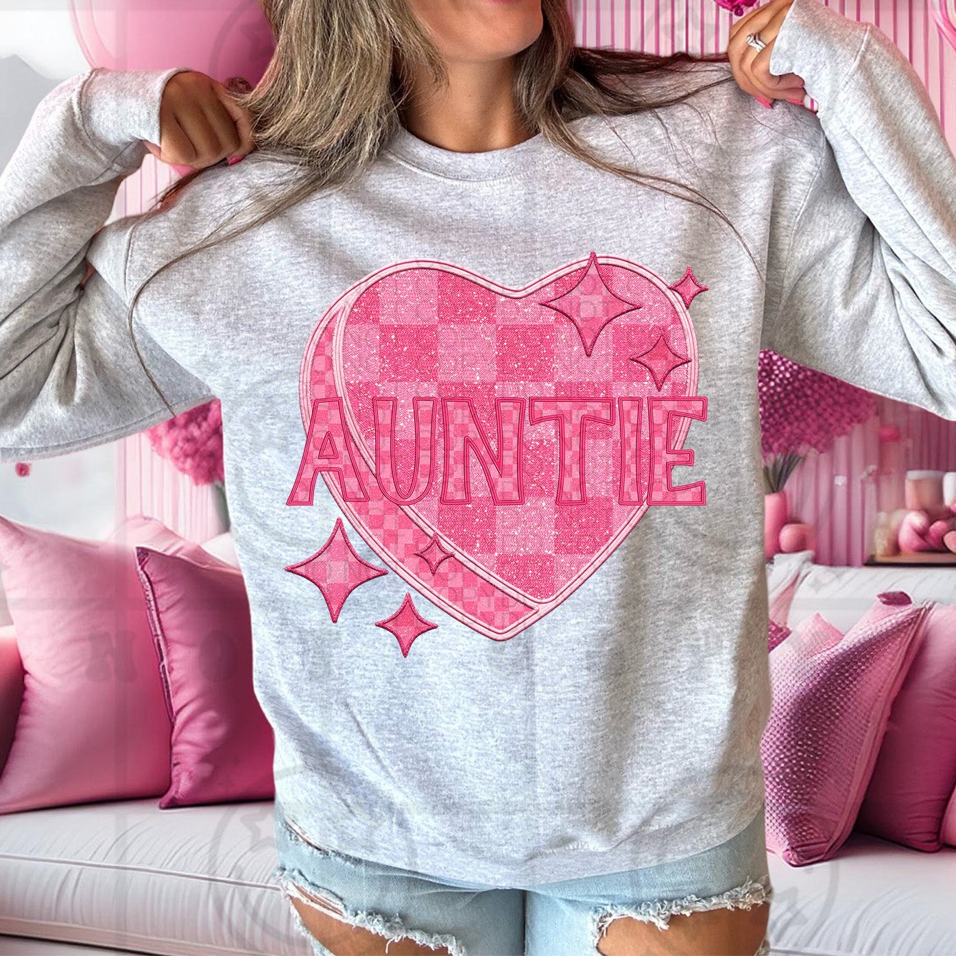 Auntie - Pink Checkered Heart DTF Transfer