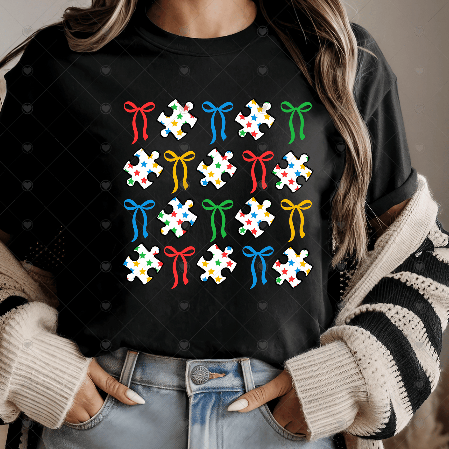 Puzzle Pieces & Bows DTF Transfer