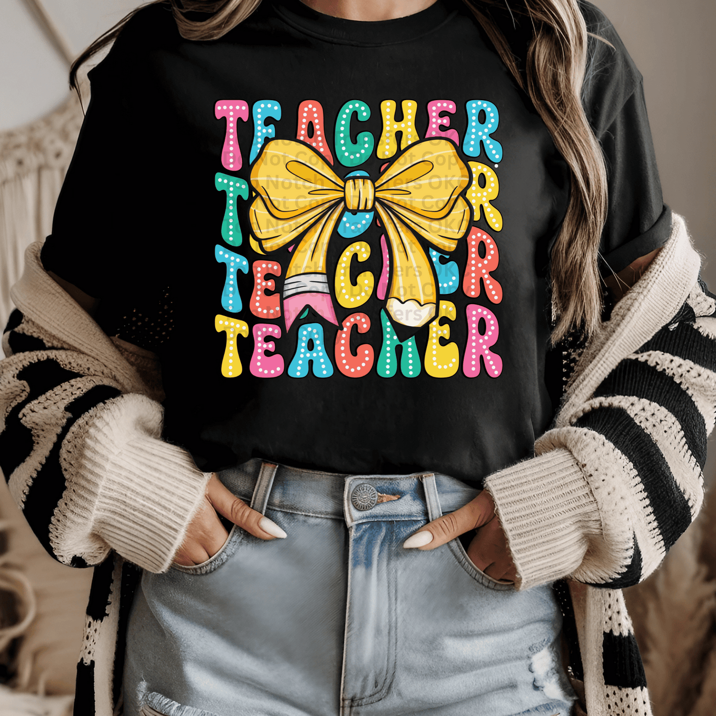 RTS Teacher Pencil Bow Adult DTF Transfer