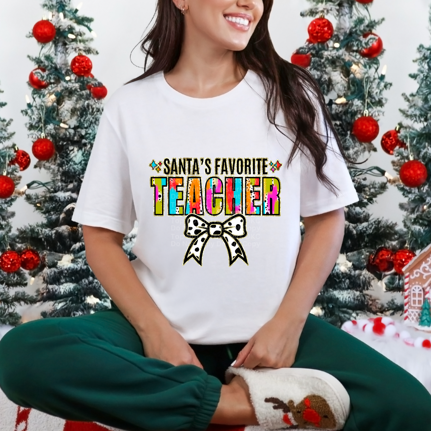 Santa's Favorite Teacher Multicolored w/Bow DTF Transfer