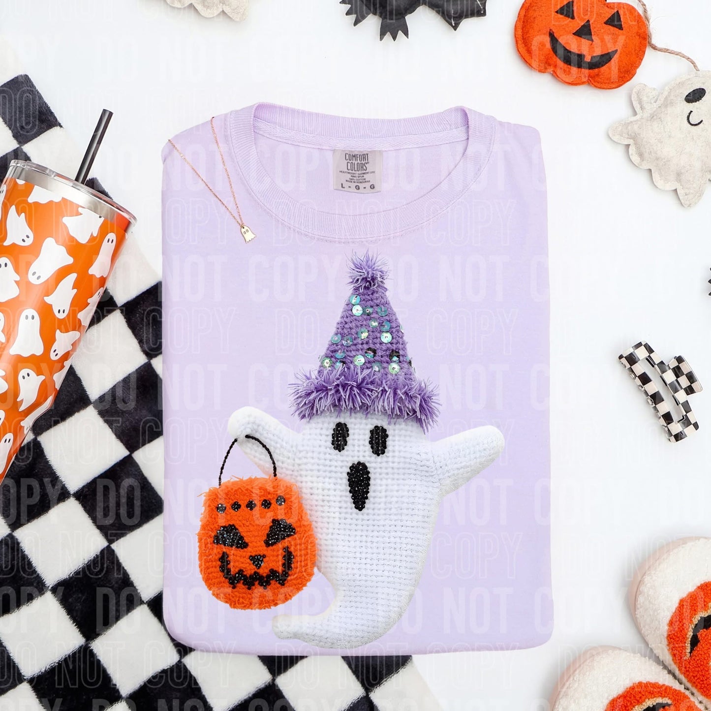 Faux Yarn Ghost w/ Halloween Bucket DTF Transfer