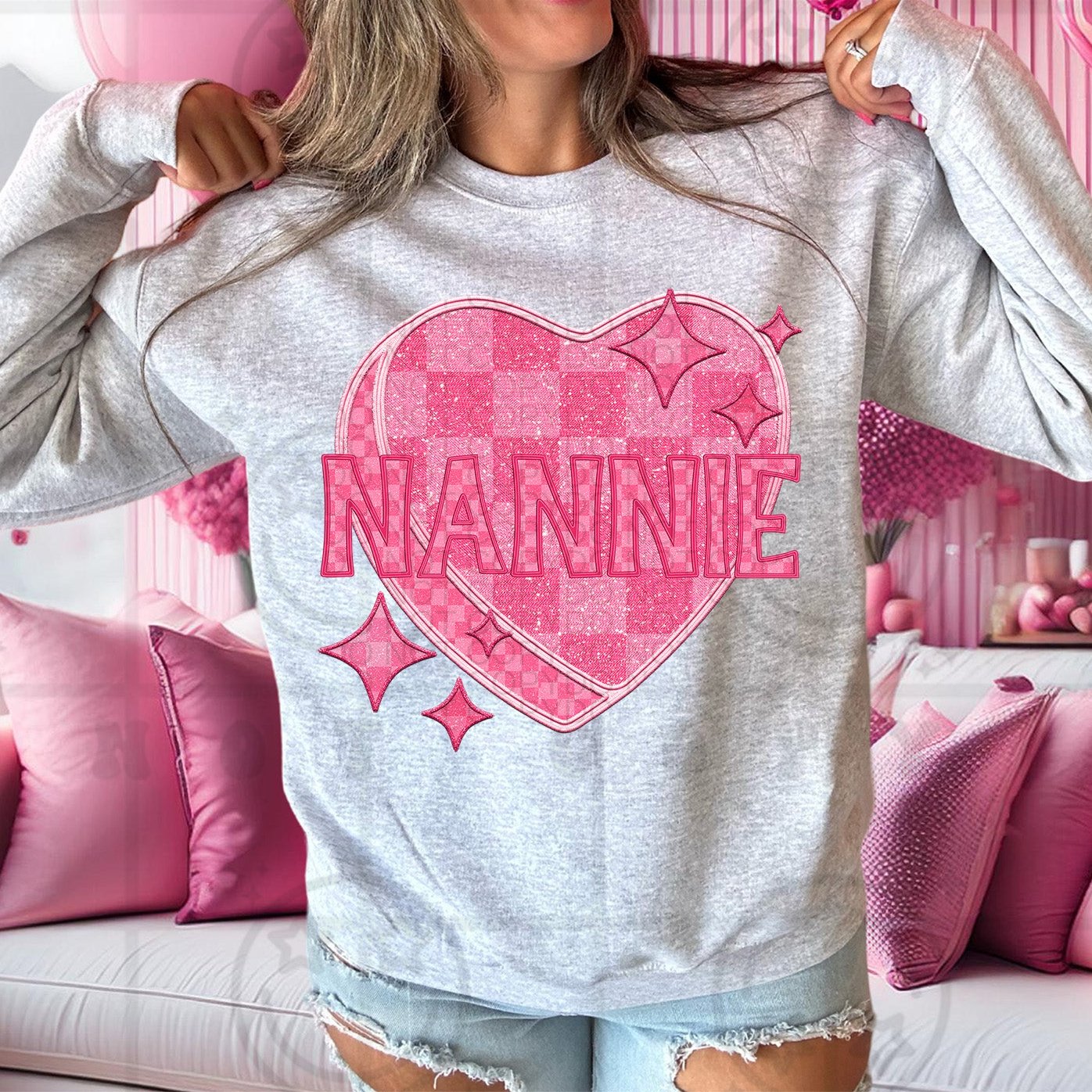 Nannie - Pink Checkered Heart DTF Transfer