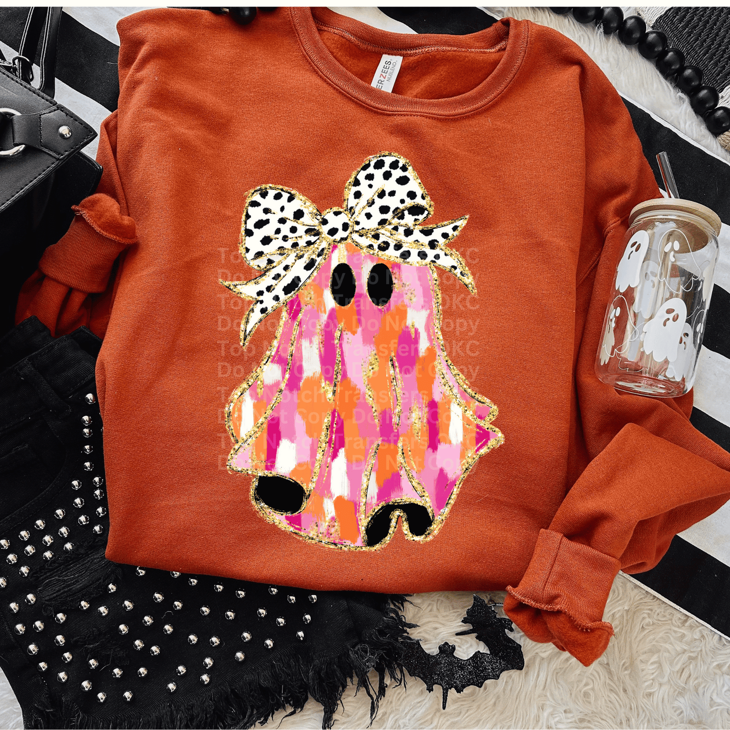 Pink watercolor Ghost w/ Dalmatian Bow DTF Transfer