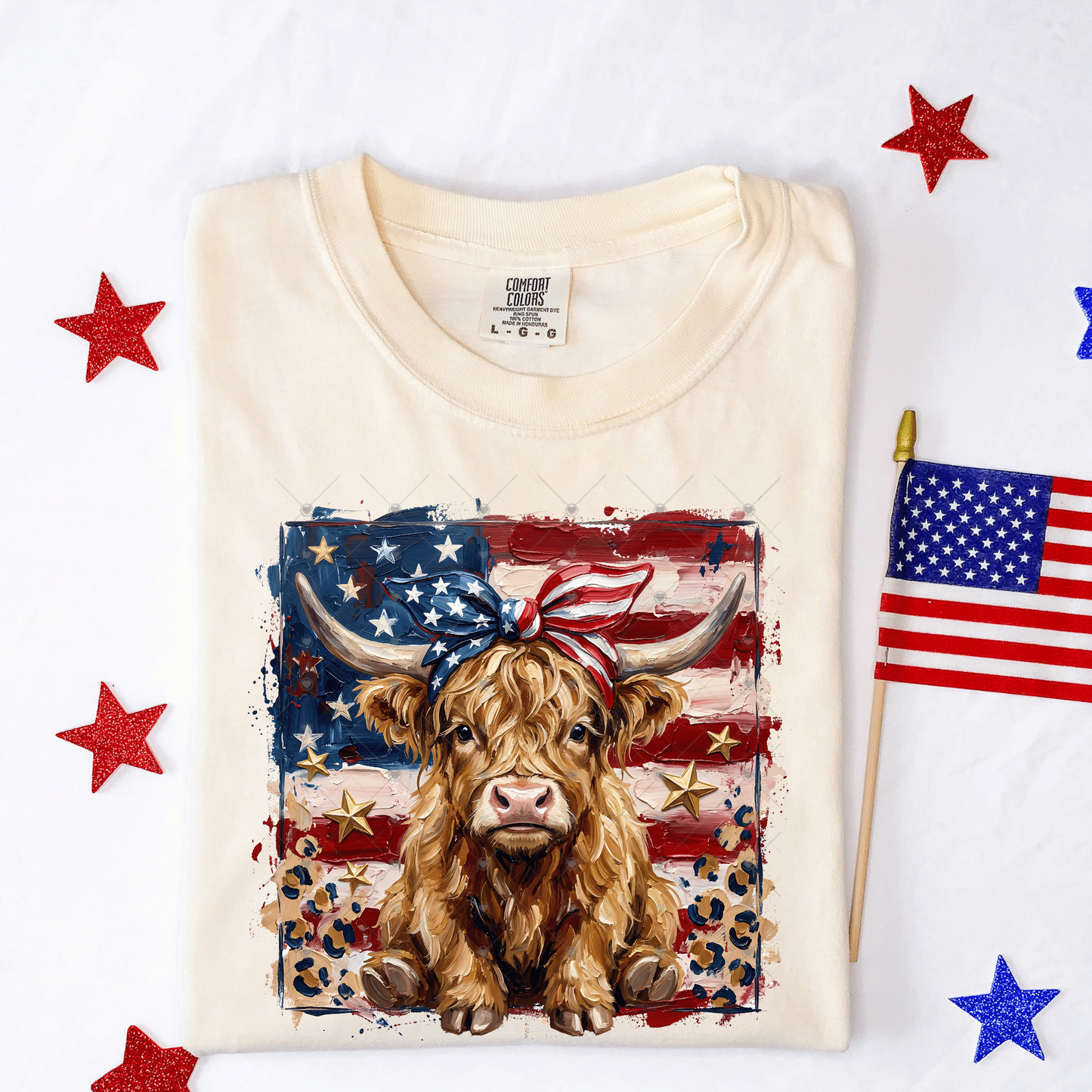 Highland Cow Rustic Flag DTF Transfer