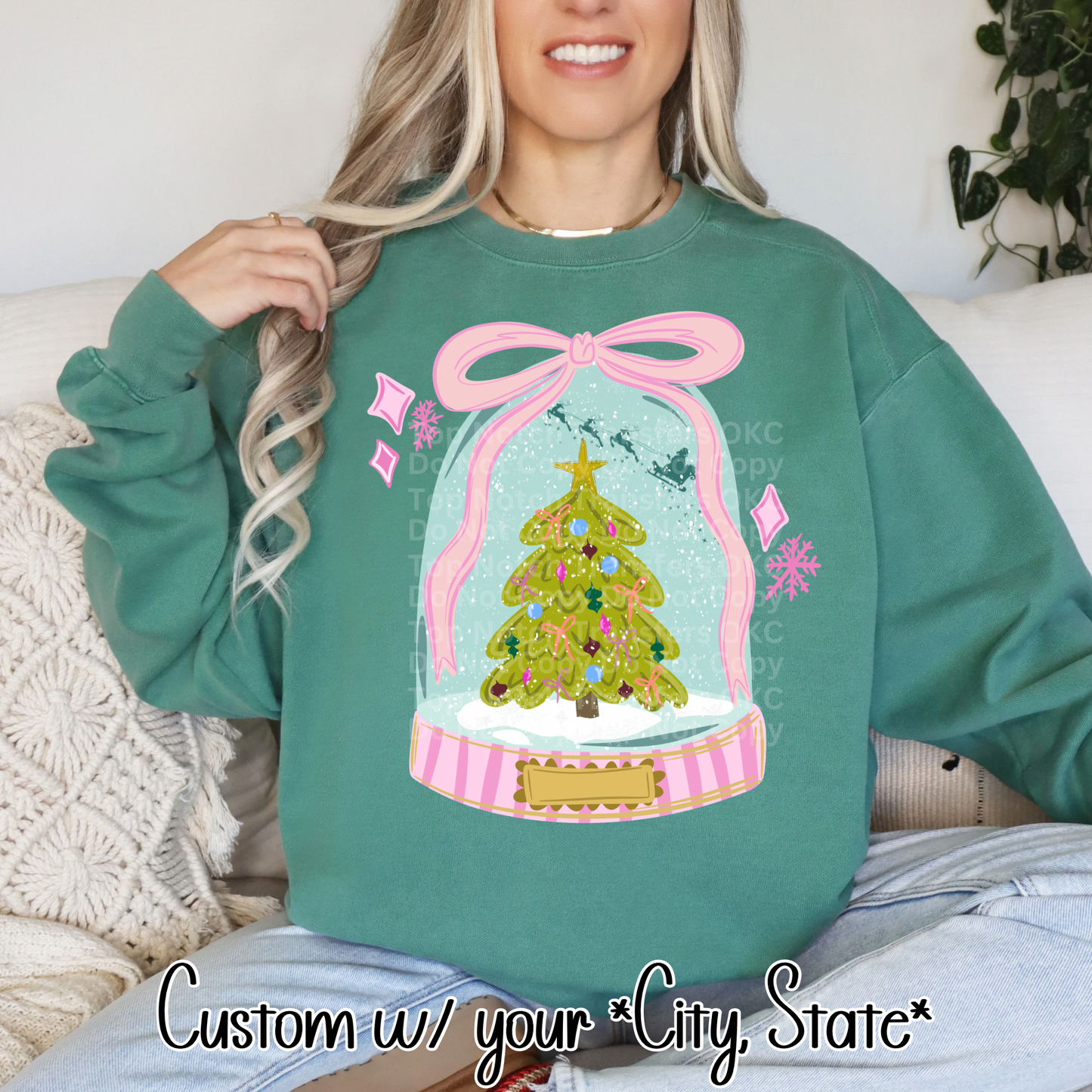 Christmas Snowglobe w/ Customizable Plate for City, State DTF Transfer *Leave Custom Info on order note