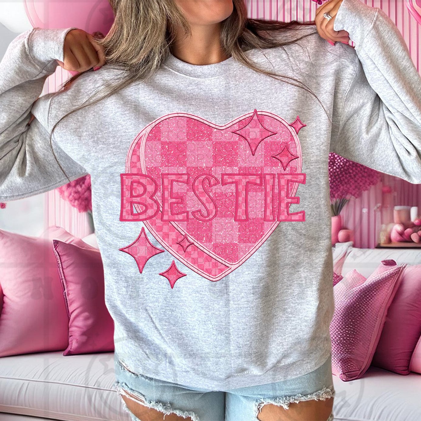 Bestie - Pink Checkered Heart DTF Transfer