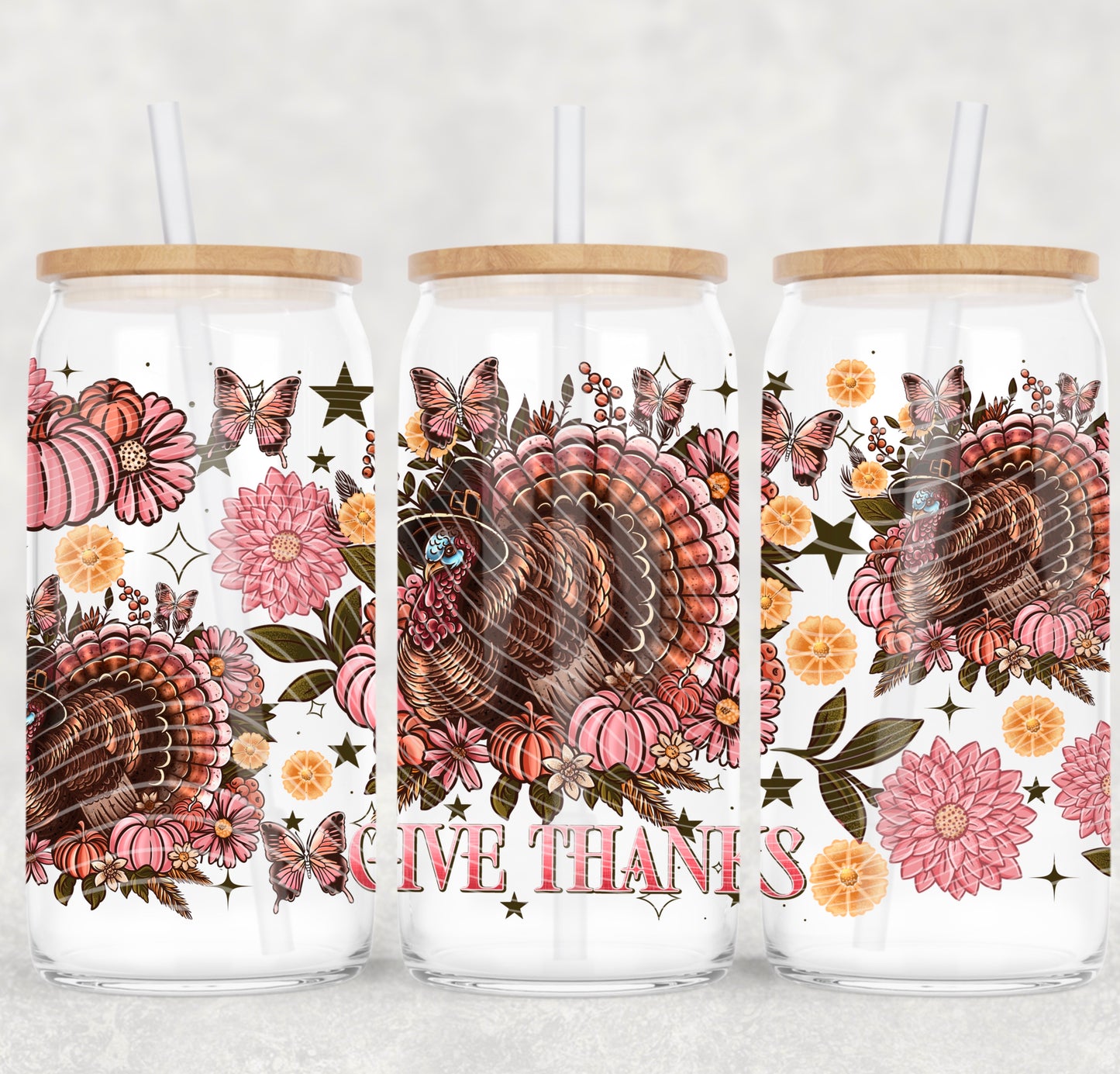 Give Thanks Floral Turkey UV DTF 16oz Cup Wrap