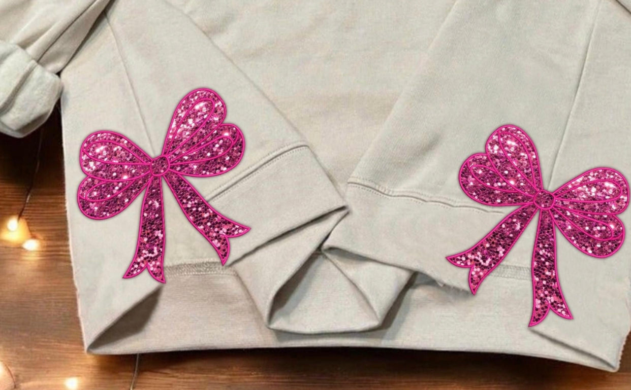 Faux Pink Glitter Embroidered Side Slit Bow DTF Transfer