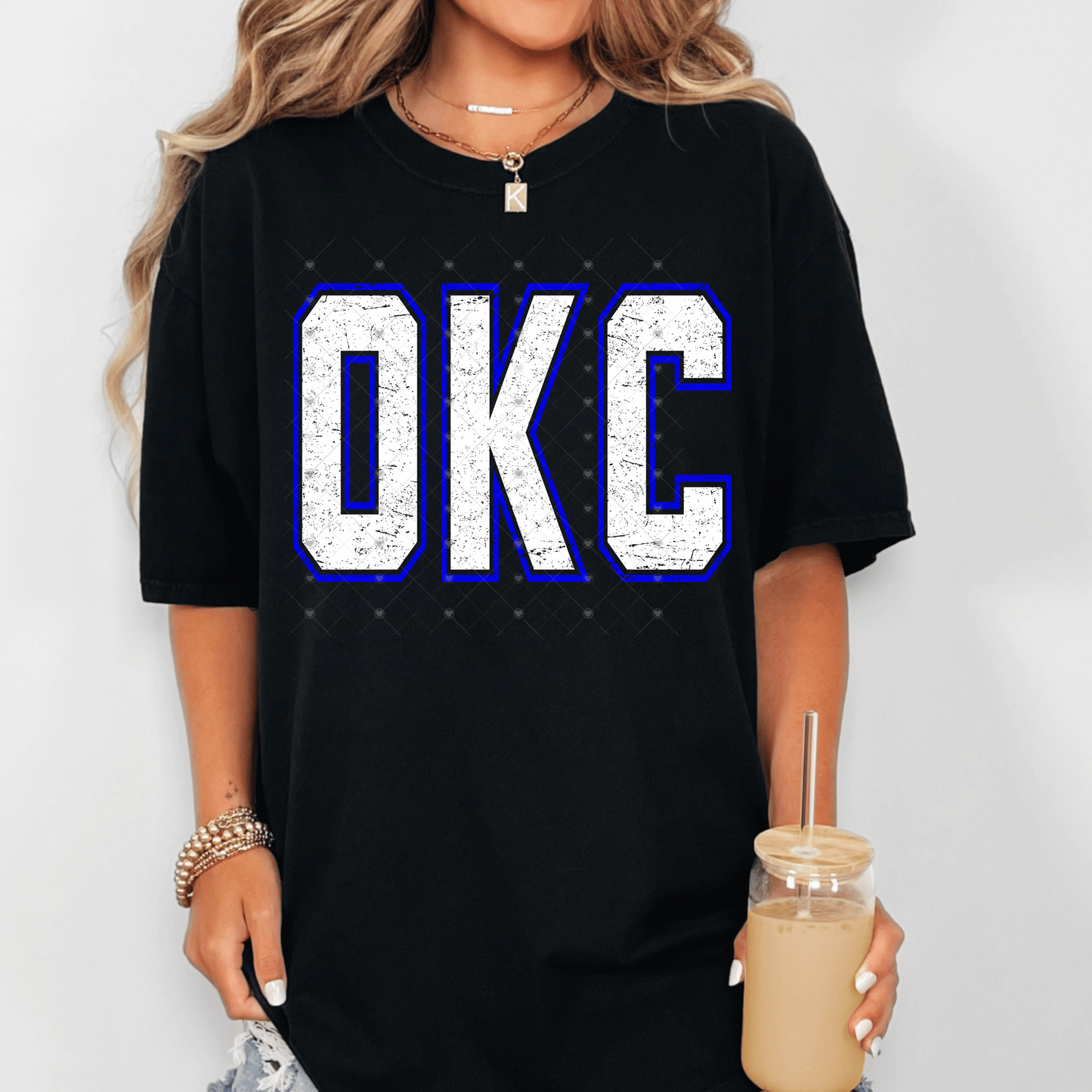 White OKC w/ Blue Outline Distressed DTF Transfer