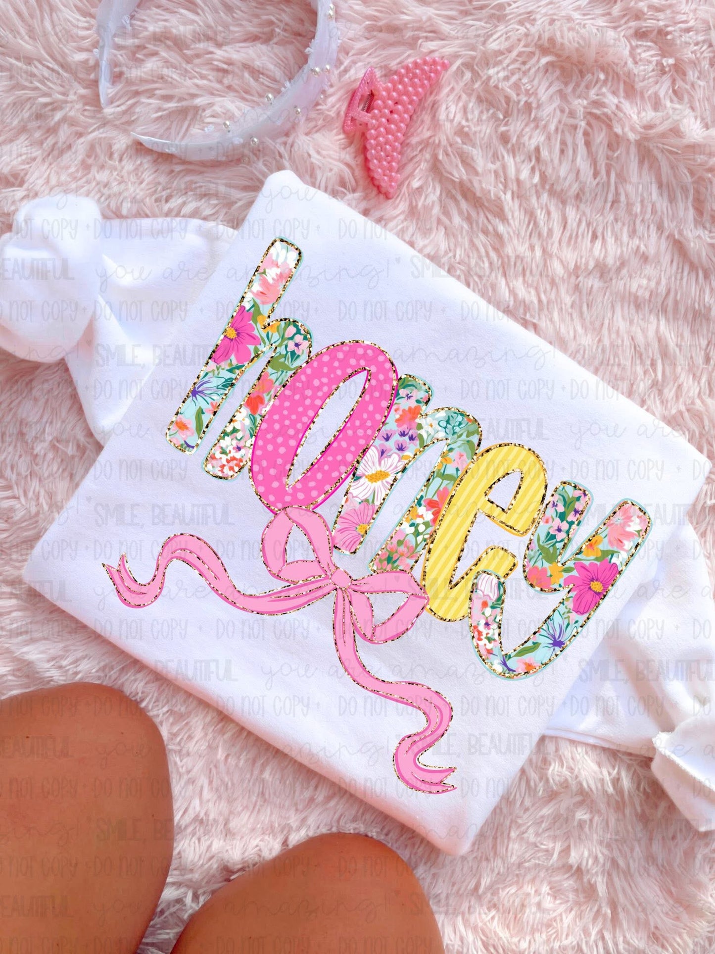 Honey Floral w/ gold details & bow DTF Transfer