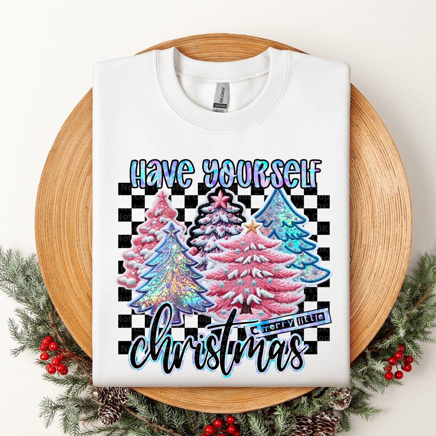 Merry Little Christmas Trees - Checkered DTF Transfer