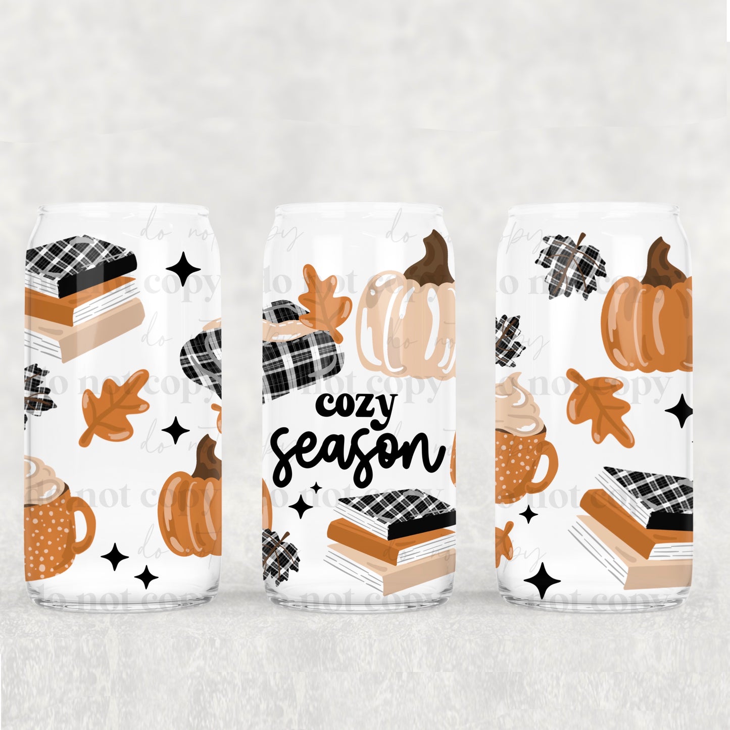 Cozy Season Plaid Books, Pumpkins and Leaves UV DTF 16 oz Cup Wrap *CSC 0925*