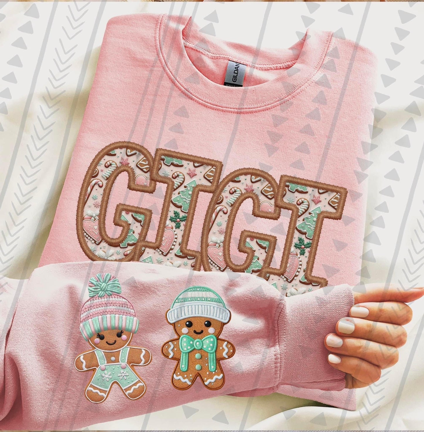 Gigi Gingerbread Faux Embroidery DTF Transfer *For sleeve designs leave names in checkout notes*