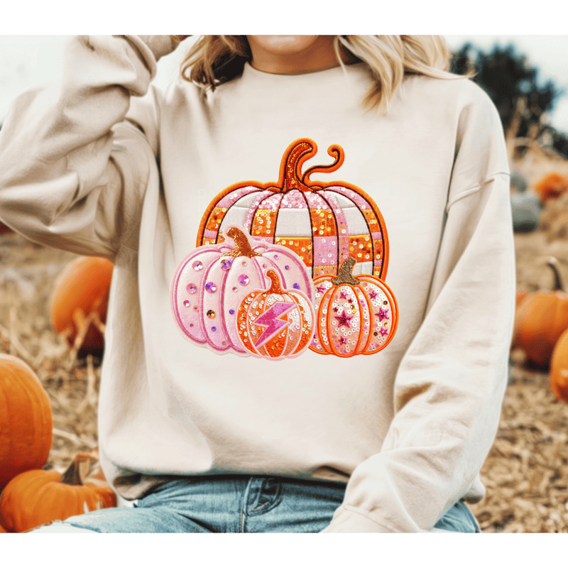 Pink & Orange Pumpkins Faux Sequin/Embroidery DTF Transfer