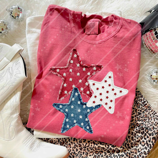 Faux Denim Red White Blue Stars DTF Transfers