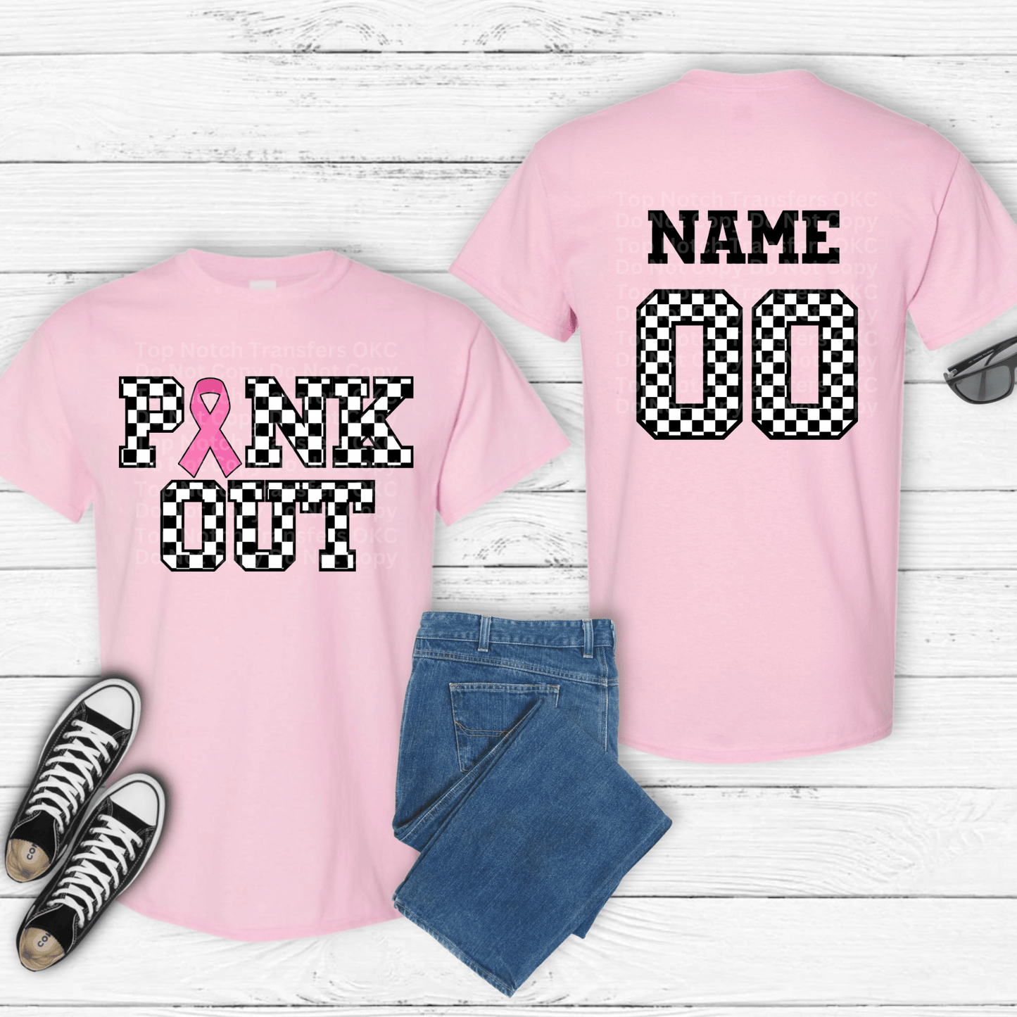 Checkered Pink Out Front/Custom Back Options DTF Transfer