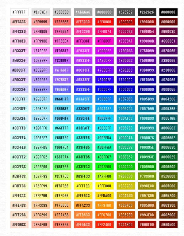 Hex Color Code Chart Print