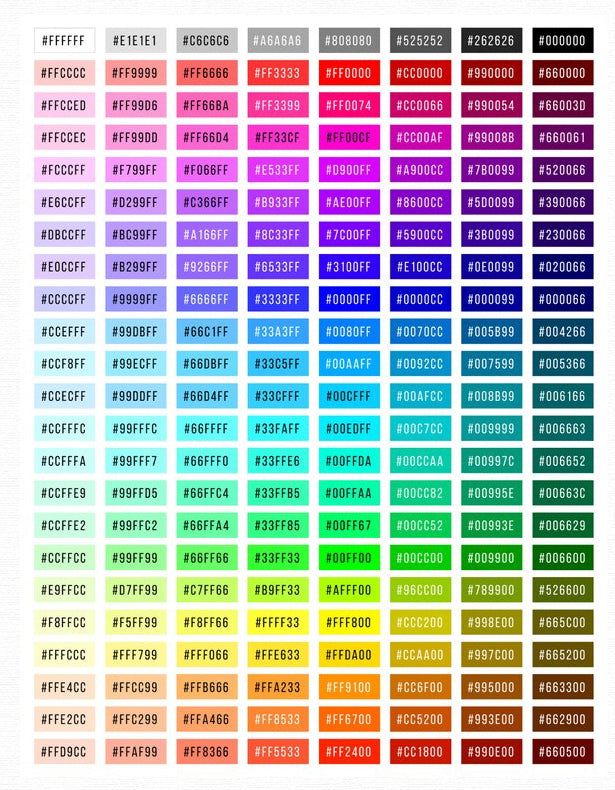 Hex Color Code Chart Print