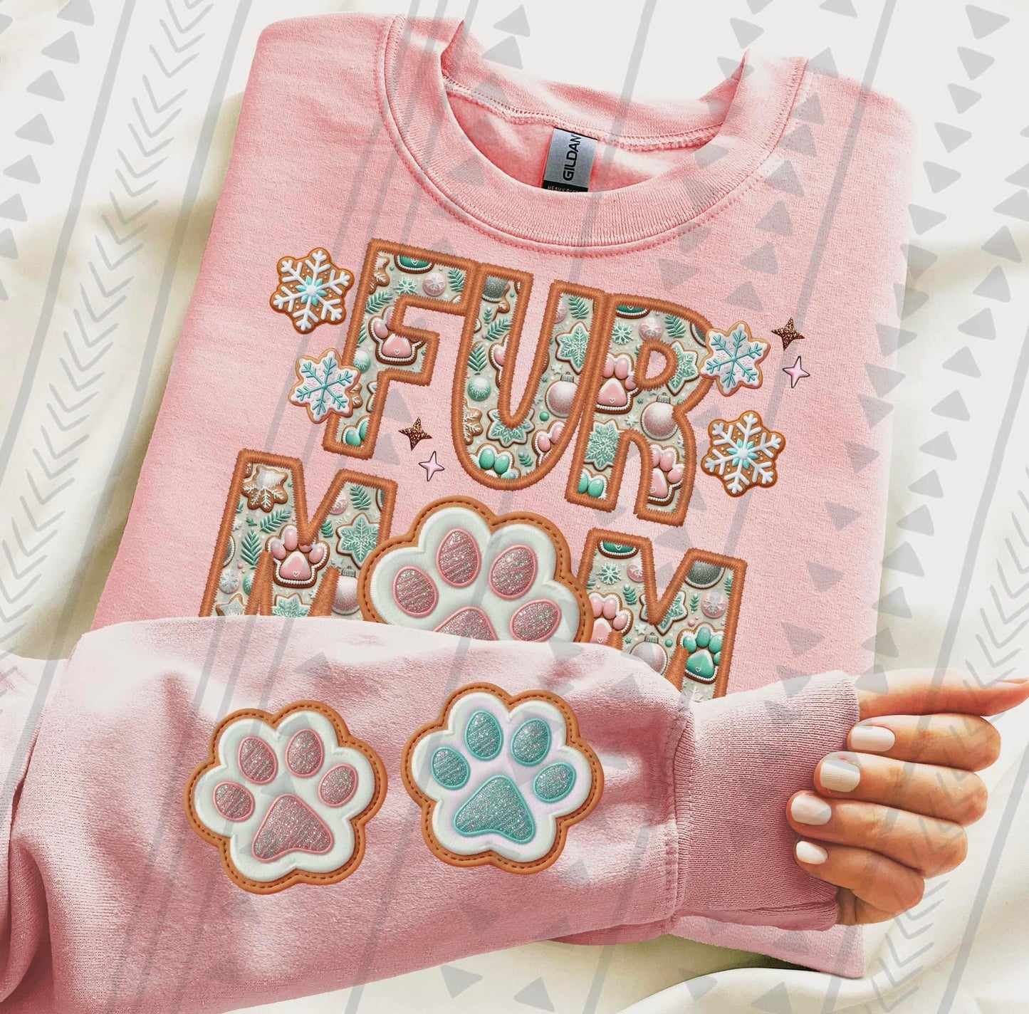 Fur Mom Christmas Faux Embroidery (Please specify color for paw print pockets in checkout notes & names to go underneath if wanted) DTF Transfer