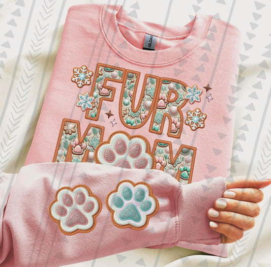Fur Mom Christmas Faux Embroidery (Please specify color for paw print pockets in checkout notes & names to go underneath if wanted) DTF Transfer