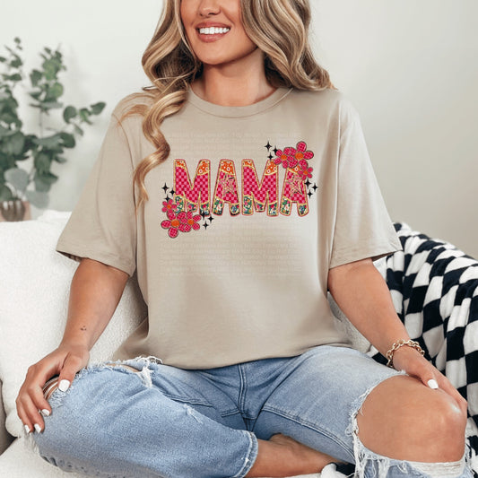 Mama Pink Checkered & Floral w/ Gold outline DTF Transfer