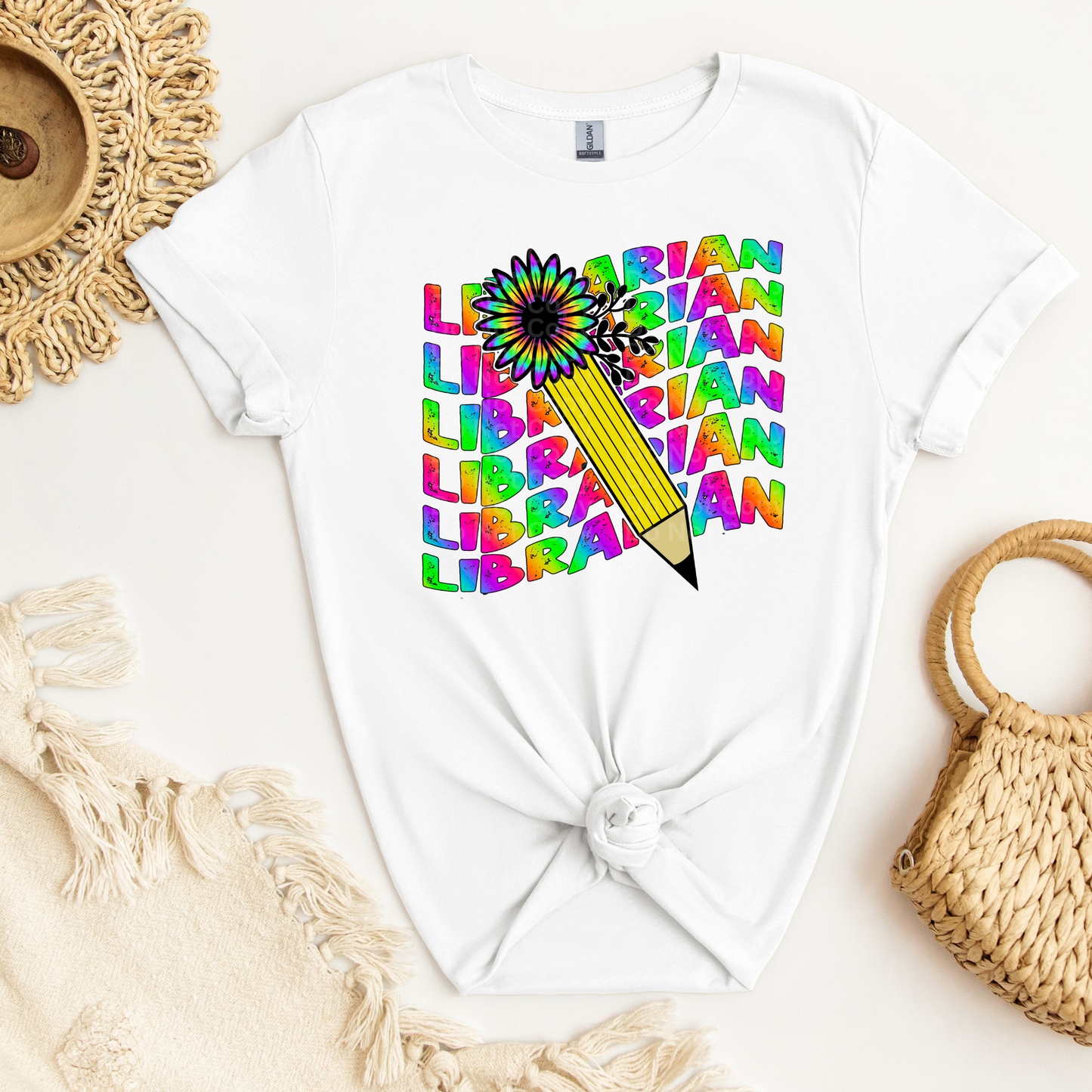 Librarian Stacked/Wavy Multicolor Pencil/flower DTF Transfer