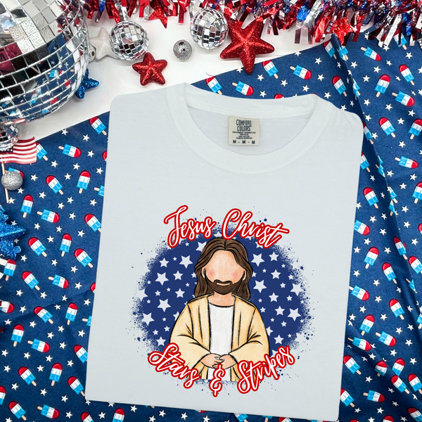 Jesus Christ Stars and Stripes Blue with White Star Background DTF Transfer
