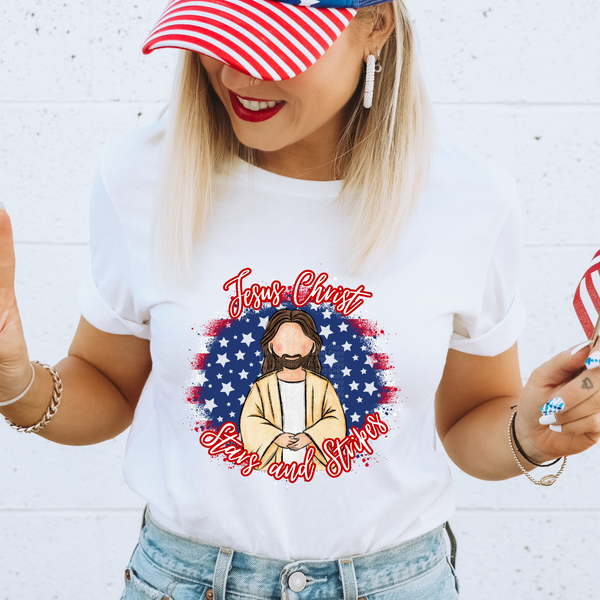 Jesus Christ Stars and Stripes Blue with White Star & Faded Stripes Background DTF Transfer