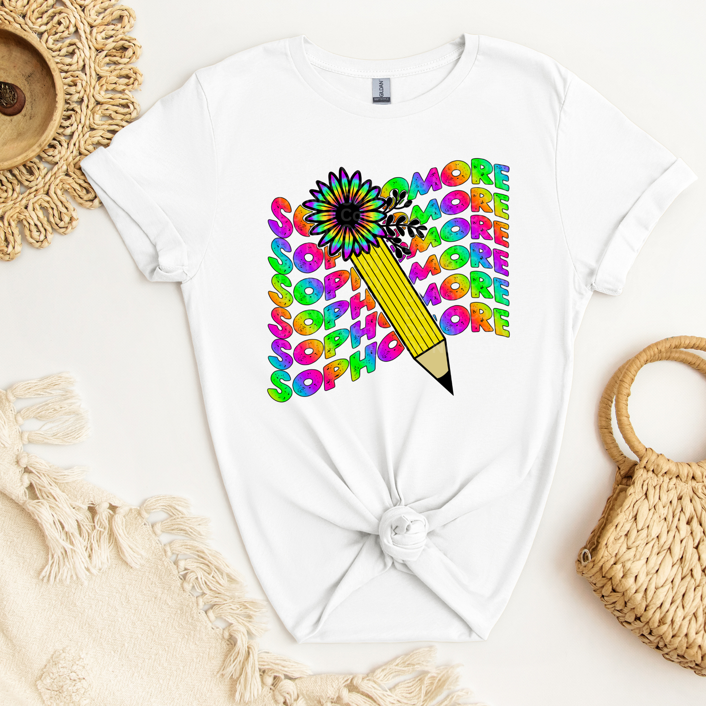 Sophomore Stacked/Wavy Multicolor Pencil/flower DTF Transfer