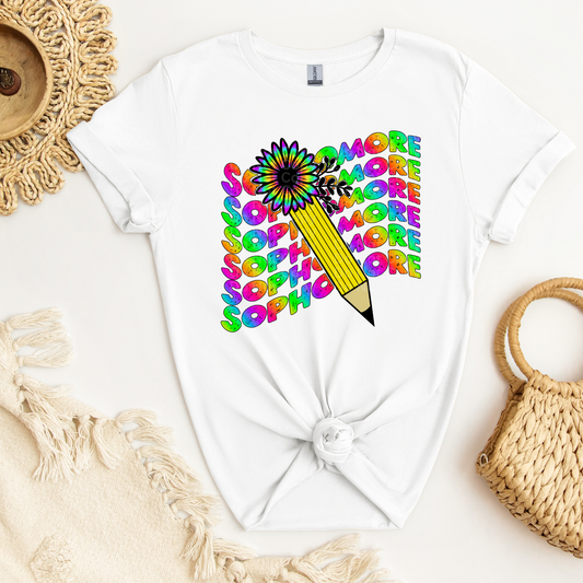 Sophomore Stacked/Wavy Multicolor Pencil/flower DTF Transfer