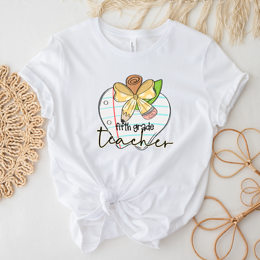 Fifth Grade Teacher - Notebook Paper Apple with Pencil Bow DTF Transfer
