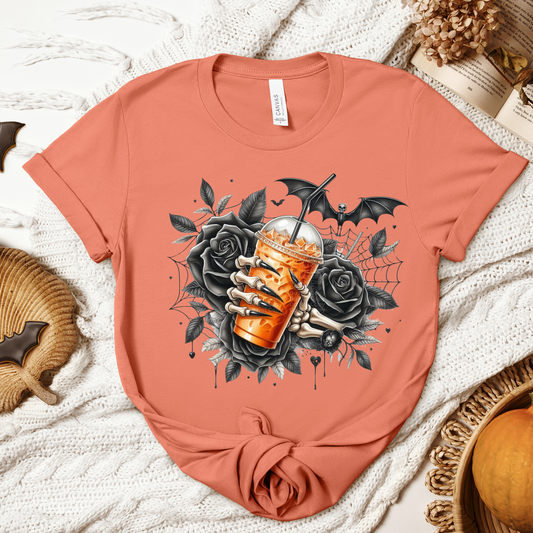Skeleton Hand Holding Iced Latte with Roses DTF Transfer