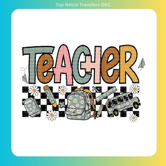 Teacher Checkered Daisy DTF Transfer