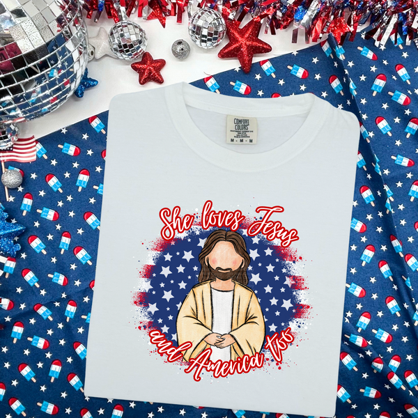 She Loves Jesus and America Too (Red Lettering) DTF Transfer