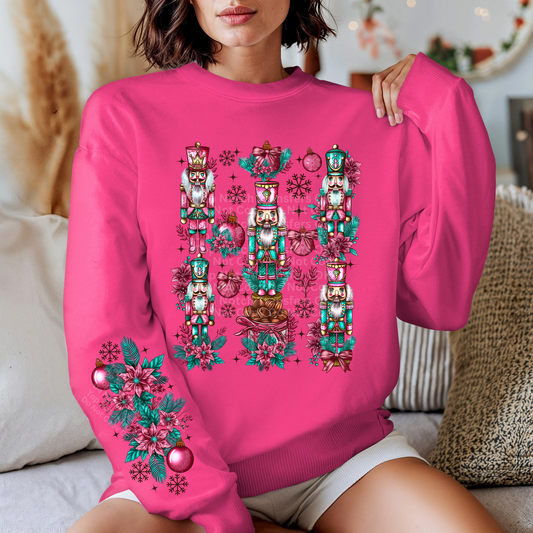 Nutcrackers with flowers and Ornaments Pink & Teal *with optional sleeve design* DTF Transfer