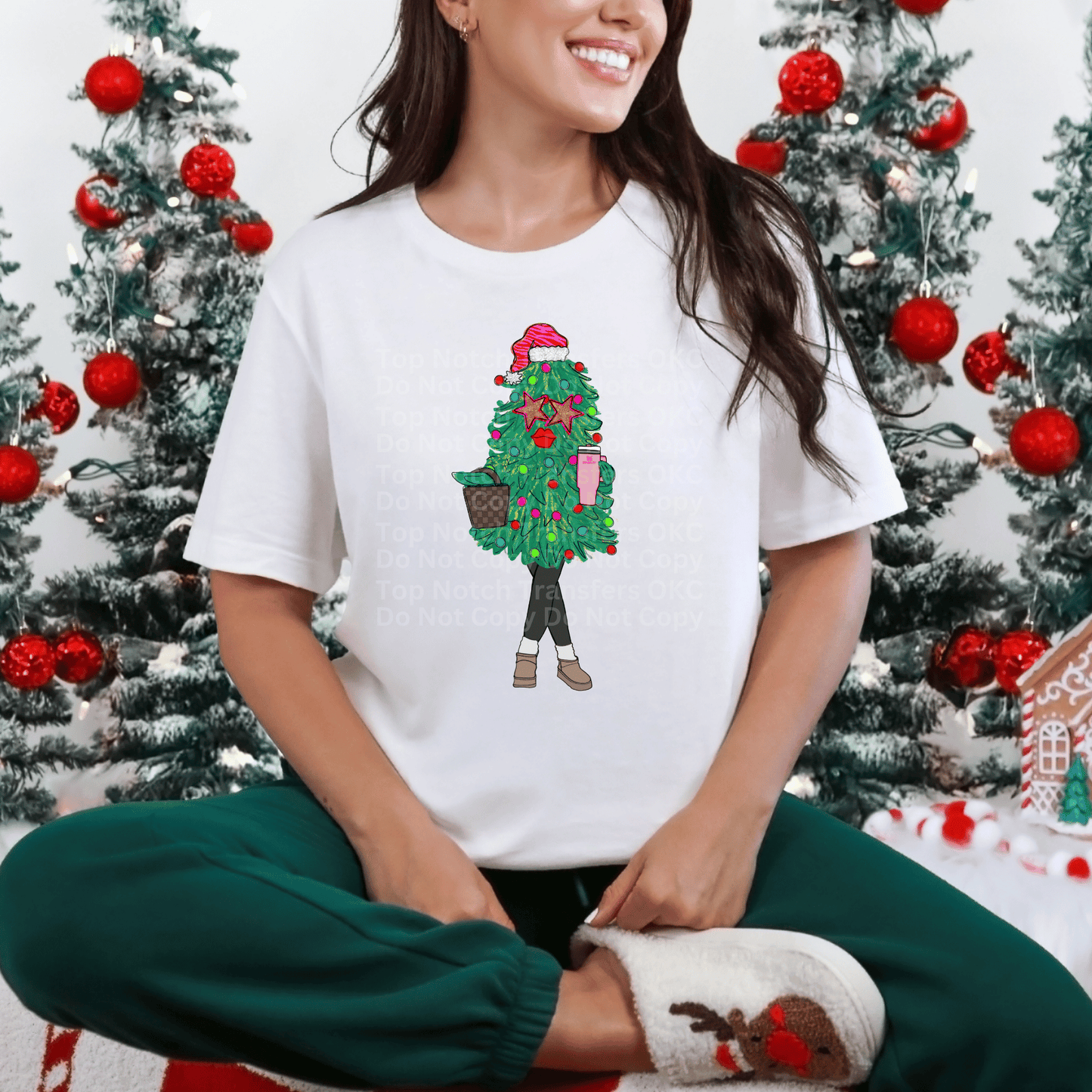 Christmas Tree with Grey Legs, Purse & Pink Cup DTF Transfer