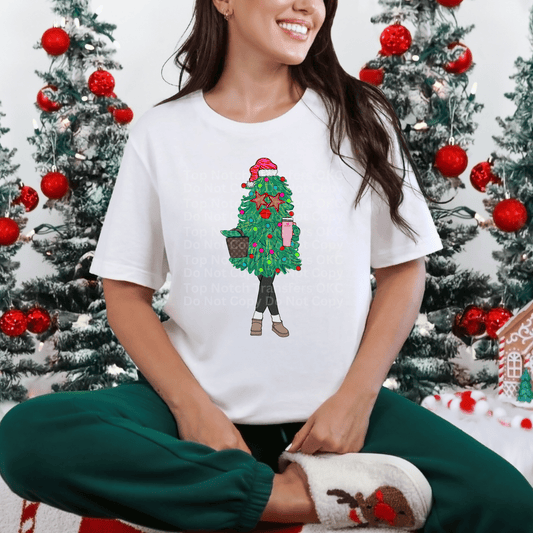Christmas Tree with Grey Legs, Purse & Pink Cup DTF Transfer