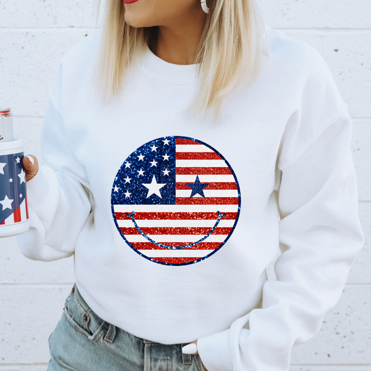 American Flag Smile Face Faux Glitter DTF Transfer