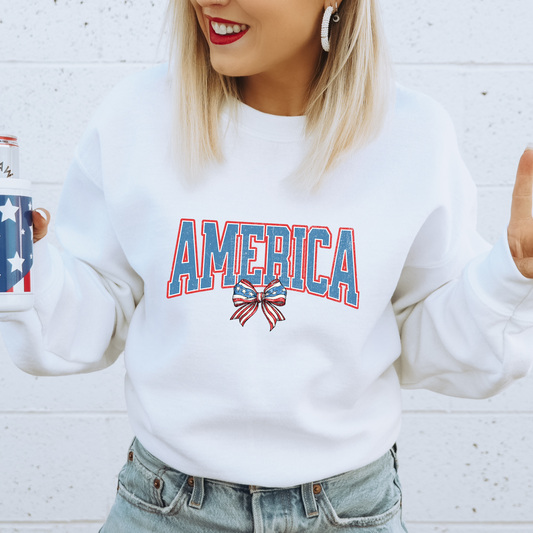 America Blue with Red Outline Distressed over Bow DTF Transfer