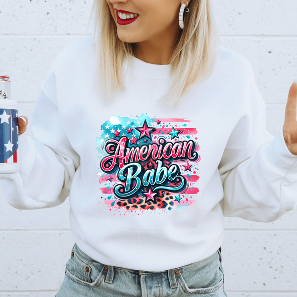 American Babe Pink & Blue with Flag and Cheetah Print Background DTF Transfer