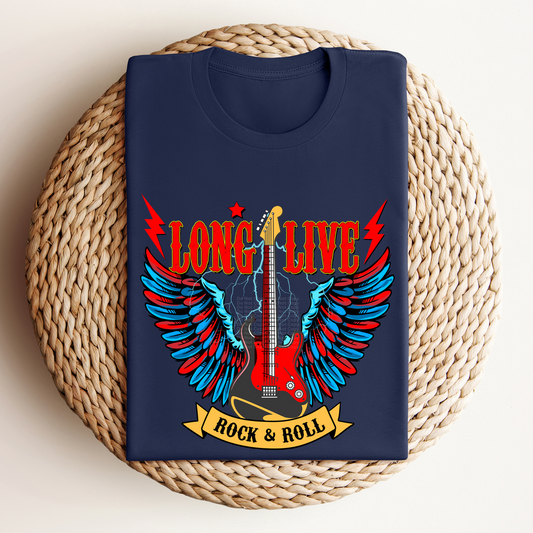Long Live Rock & Roll - Red/White Guitar W/Red Blue Wings DTF Transfer