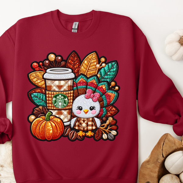 Cute Turkey & Coffee - Faux Embroidery DTF Transfer